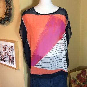 TEENPLO Size  Medium Graphic ColorBlock Sheer 80s Look Boxy Top Summer USA NEW